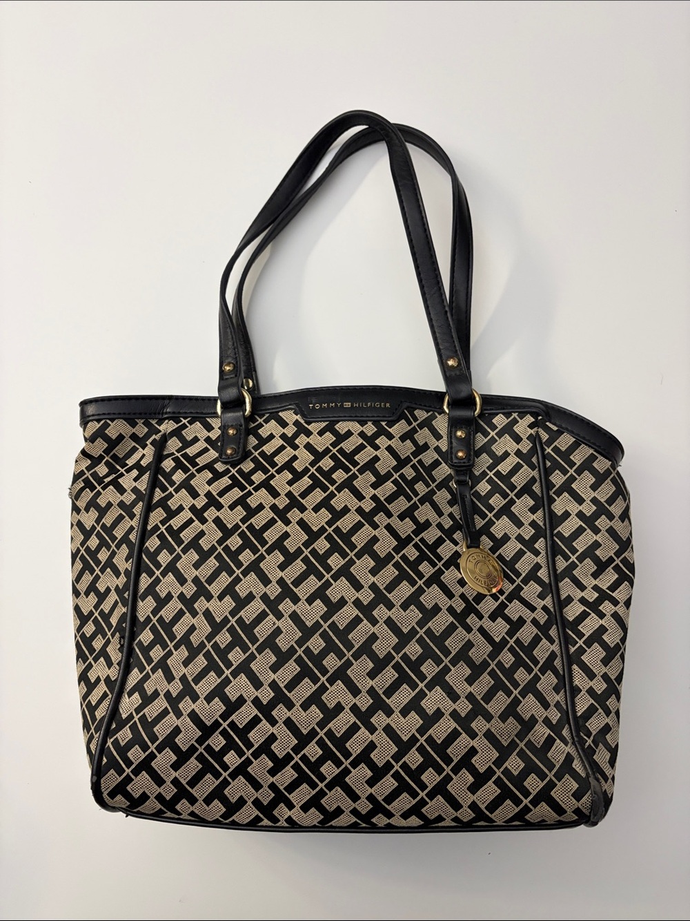 Tommy Hilfiger Black & Beige Signature Pattern Tote